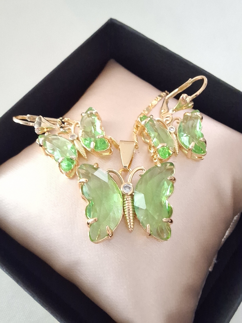 Gold Butterfly Pendant Necklace & Earrings Set with Green Crystals